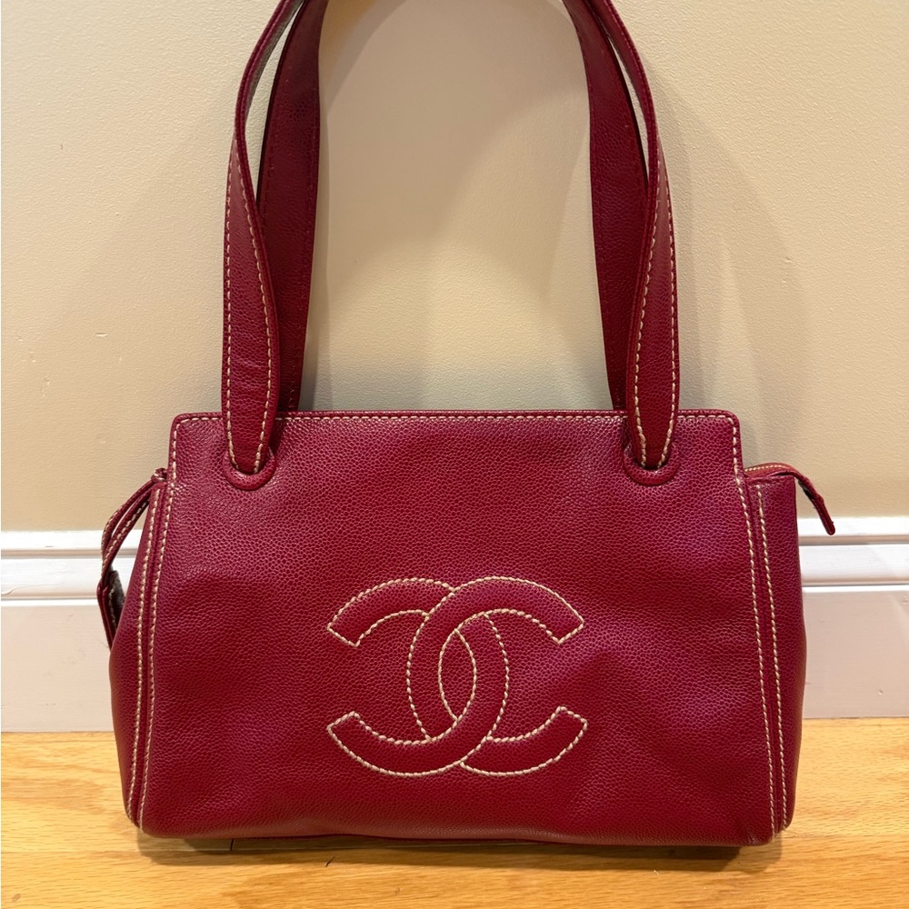 Chanel CC Red Leather Shoulder Tote Bag